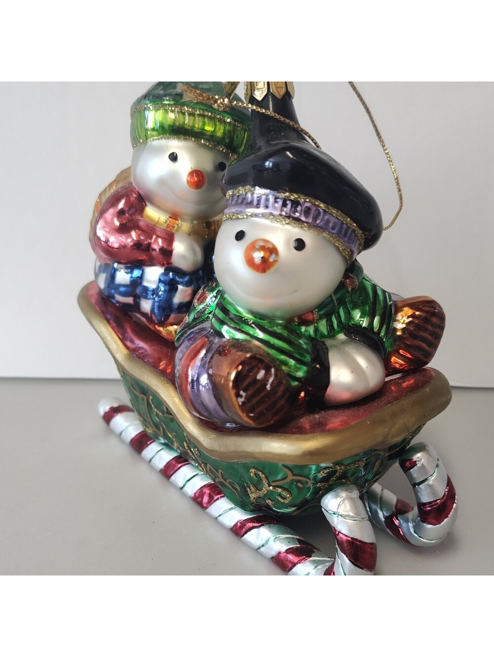 Vintage Fitz & Floyd Snow Guys Sleigh Glass Christmas Ornament 19/1510 Box